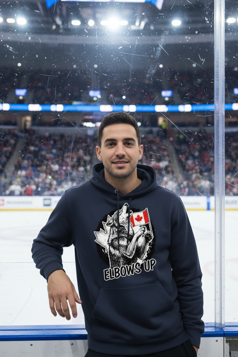 Navy Hoodie - Man Leaning on Hockey Boards