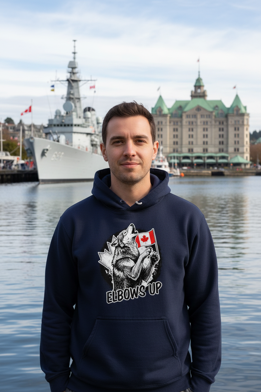 Navy Hoodie - Man, Victoria BC Harbour with Navy Ship