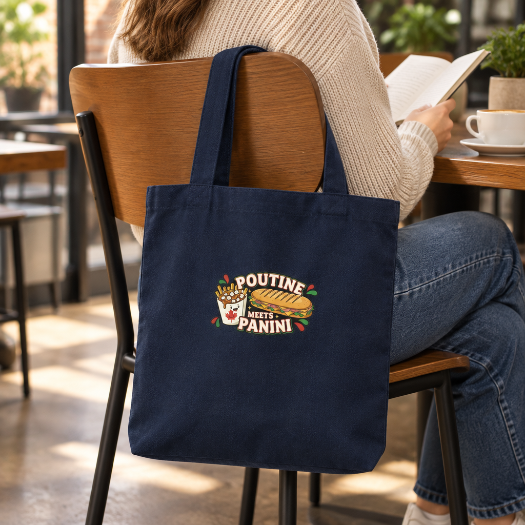 Navy tote hanging on a café chair