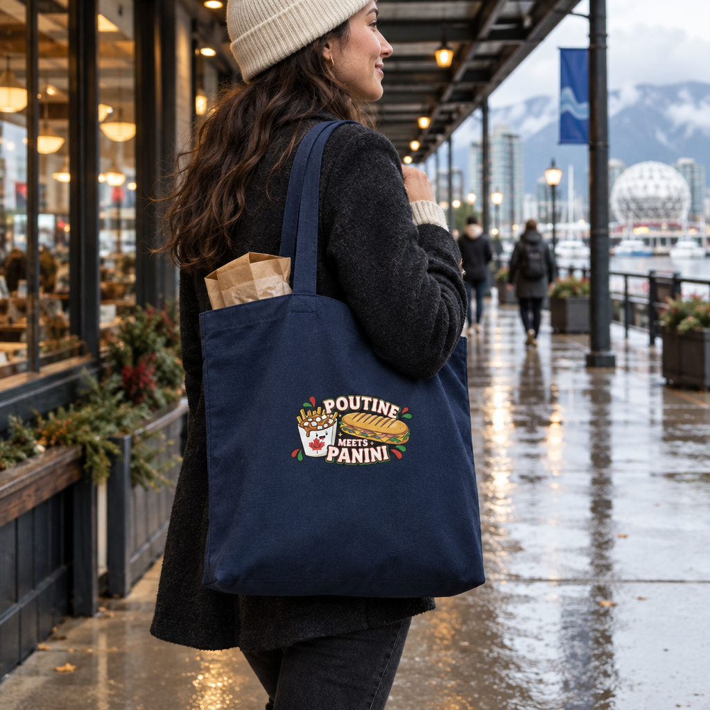 Navy tote on a rainy Vancouver sidewalk