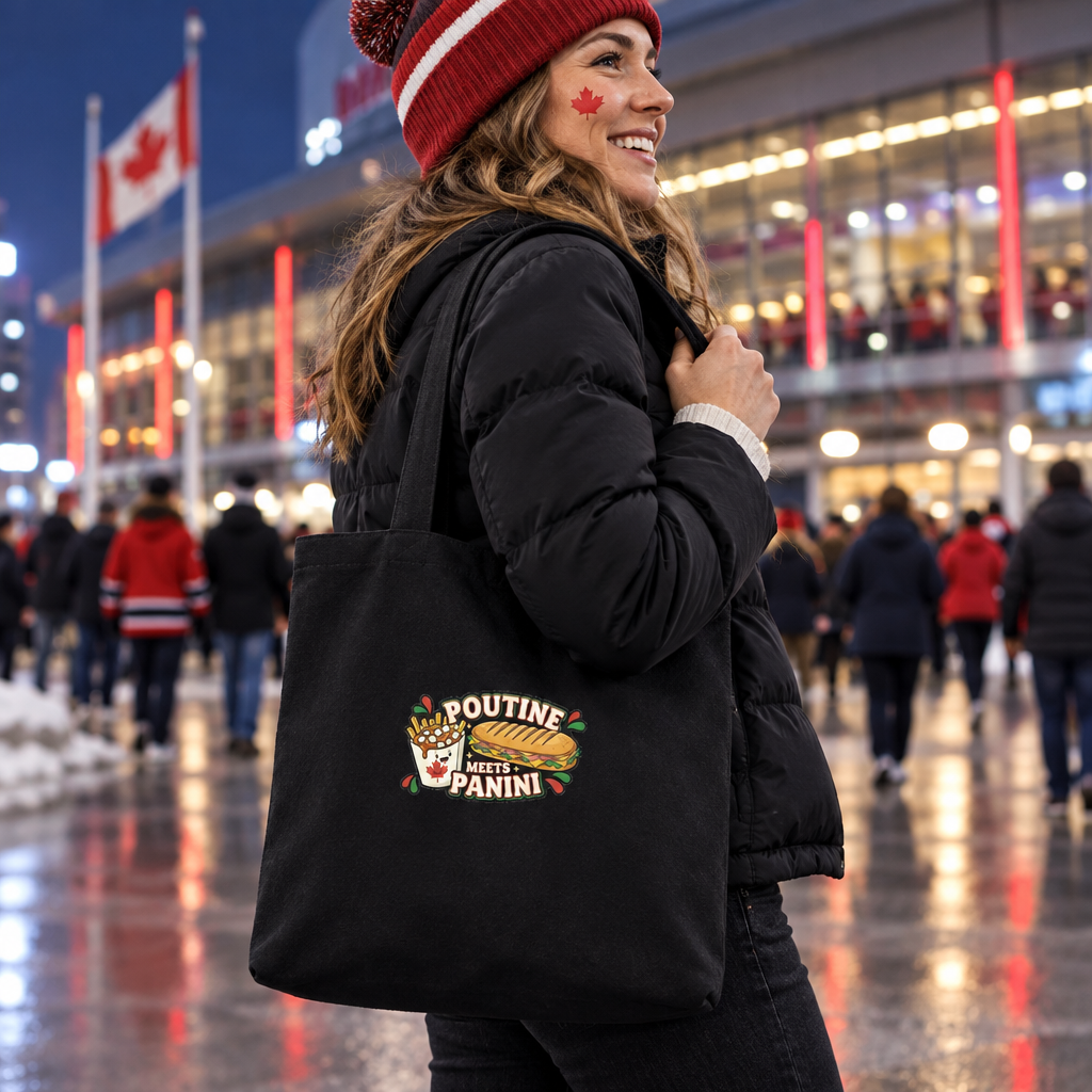 Poutine Meets Panini tote outside a Canadian hockey arena