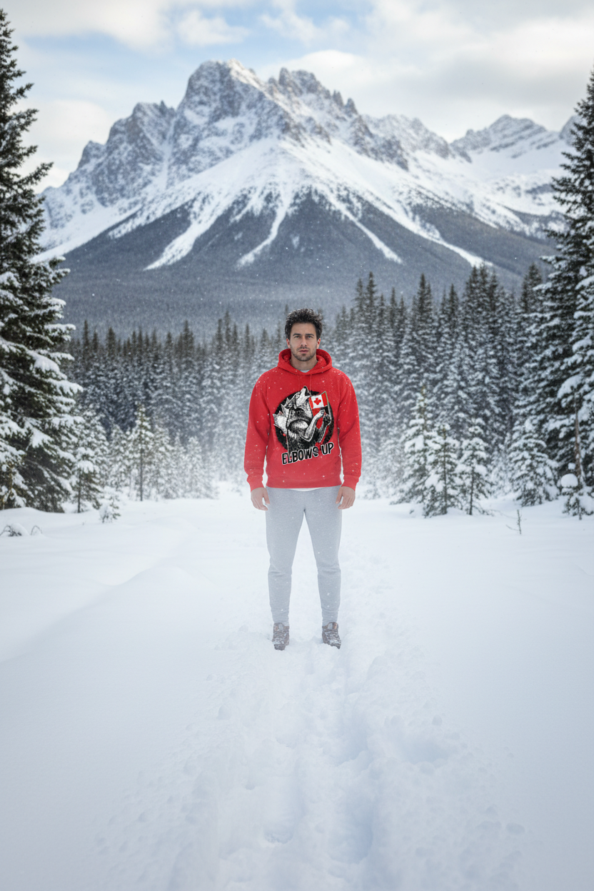 Red Hoodie - Athletic Man, Snowy Mountain