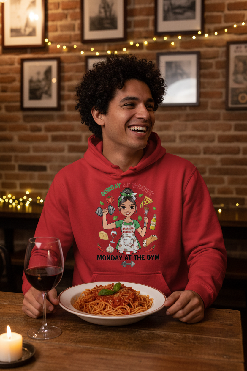 Red Hoodie Latino Man Italian Trattoria Pasta