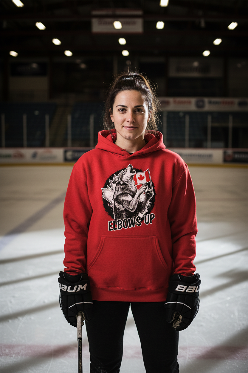 Red Hoodie - Woman on Hockey Ice with Stick