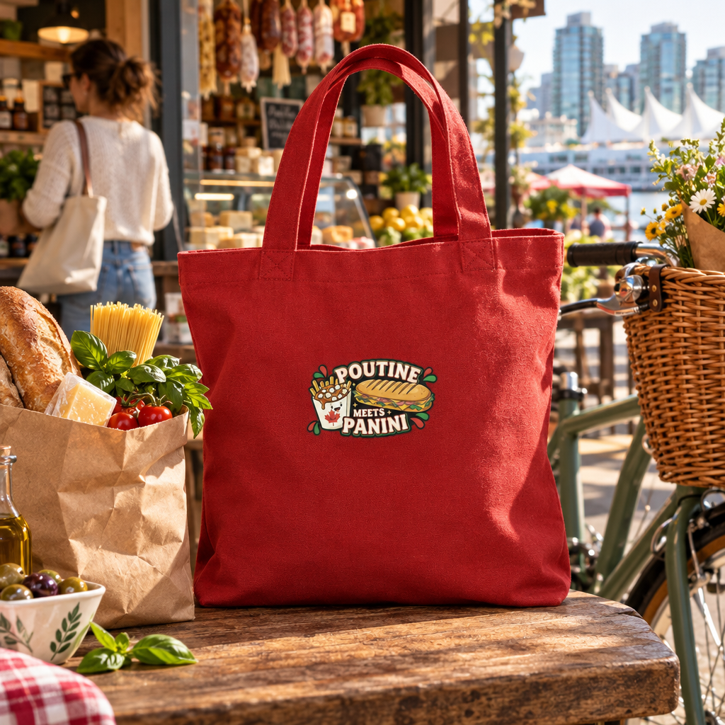 Red tote at a Vancouver Italian deli market