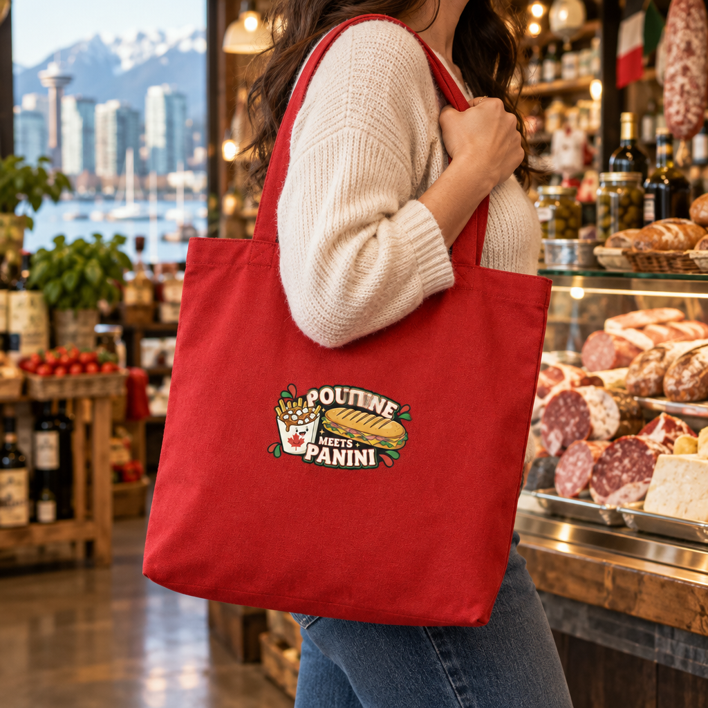 Red tote at an Italian deli in Vancouver