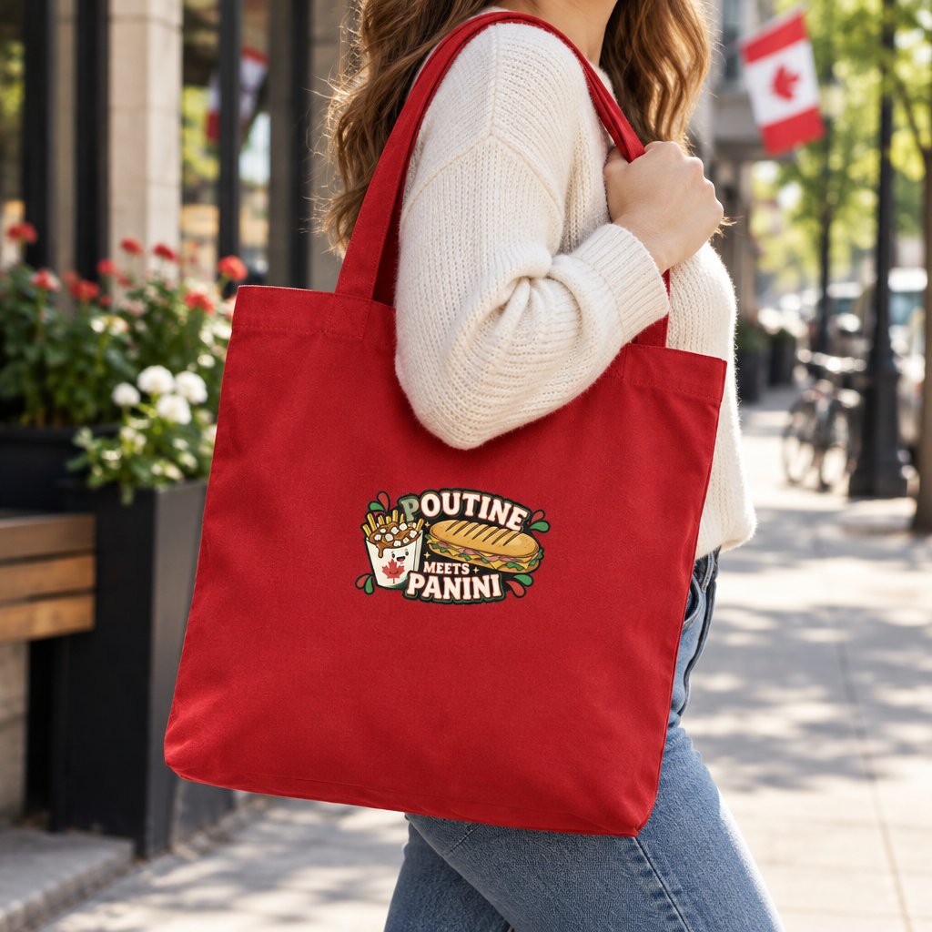 Red tote carried on an urban sidewalk