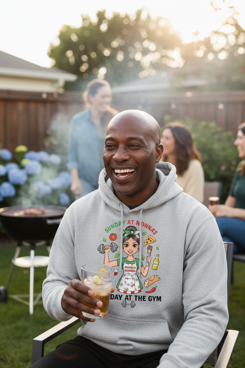 Sport Grey Hoodie Black Man Backyard BBQ