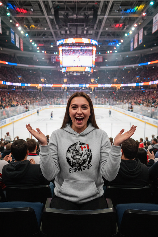 Sport Grey Hoodie - Woman in Hockey Arena Stands
