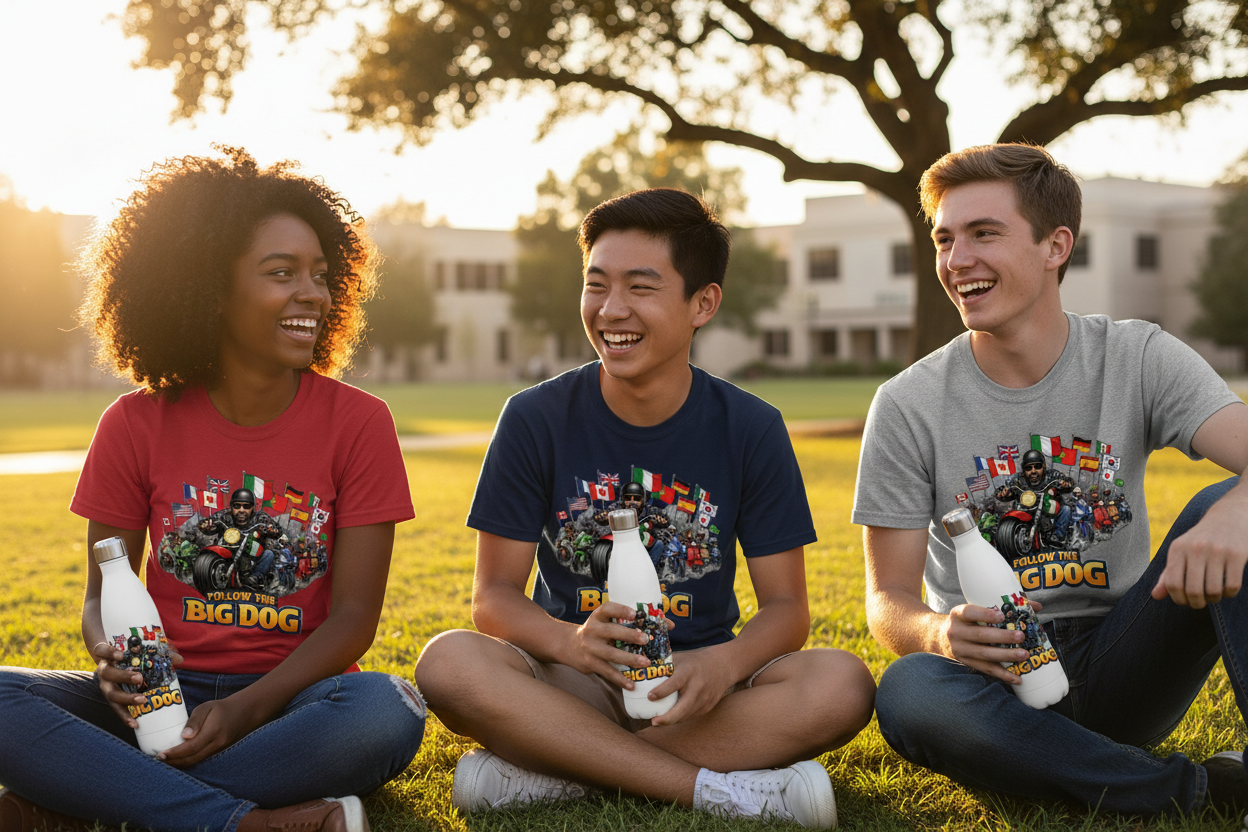 Teen Group Campus Lawn Holding Big Dog Bottles