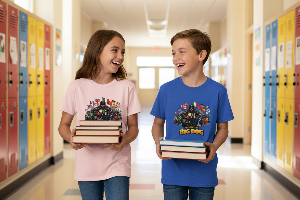 Two kids in school hallway