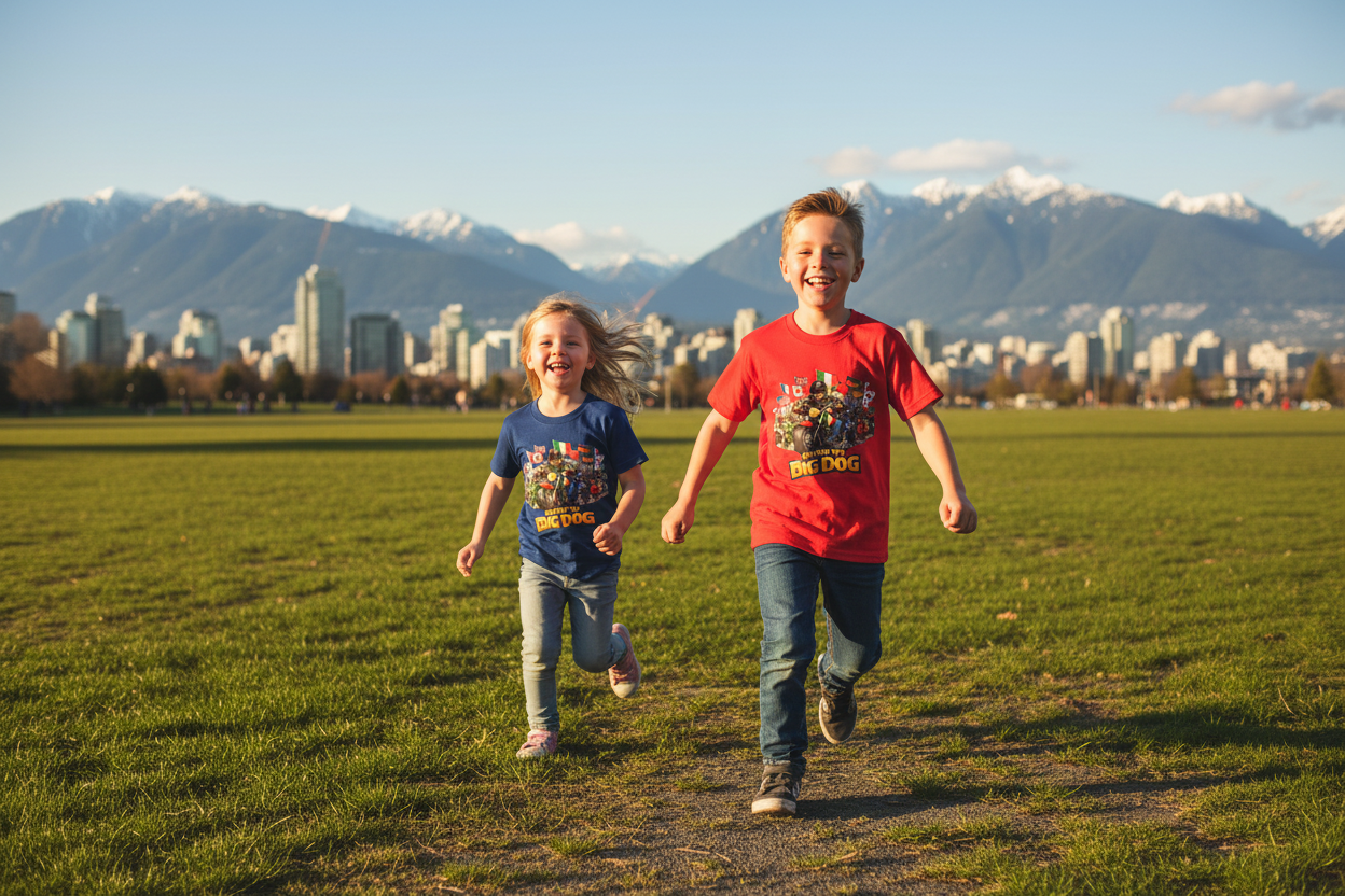 Two kids running Vancouver park