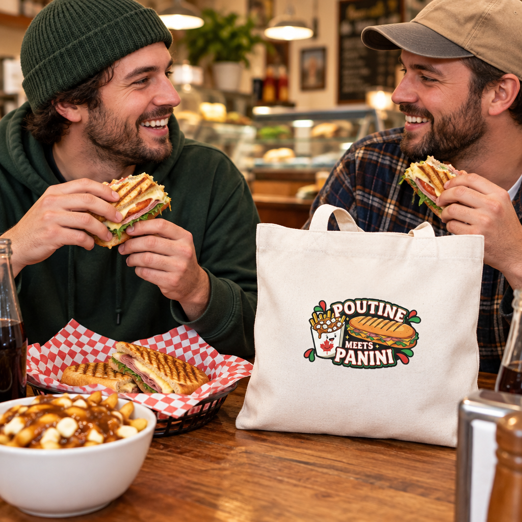 Two men sharing an Italian-style panini with the white tote