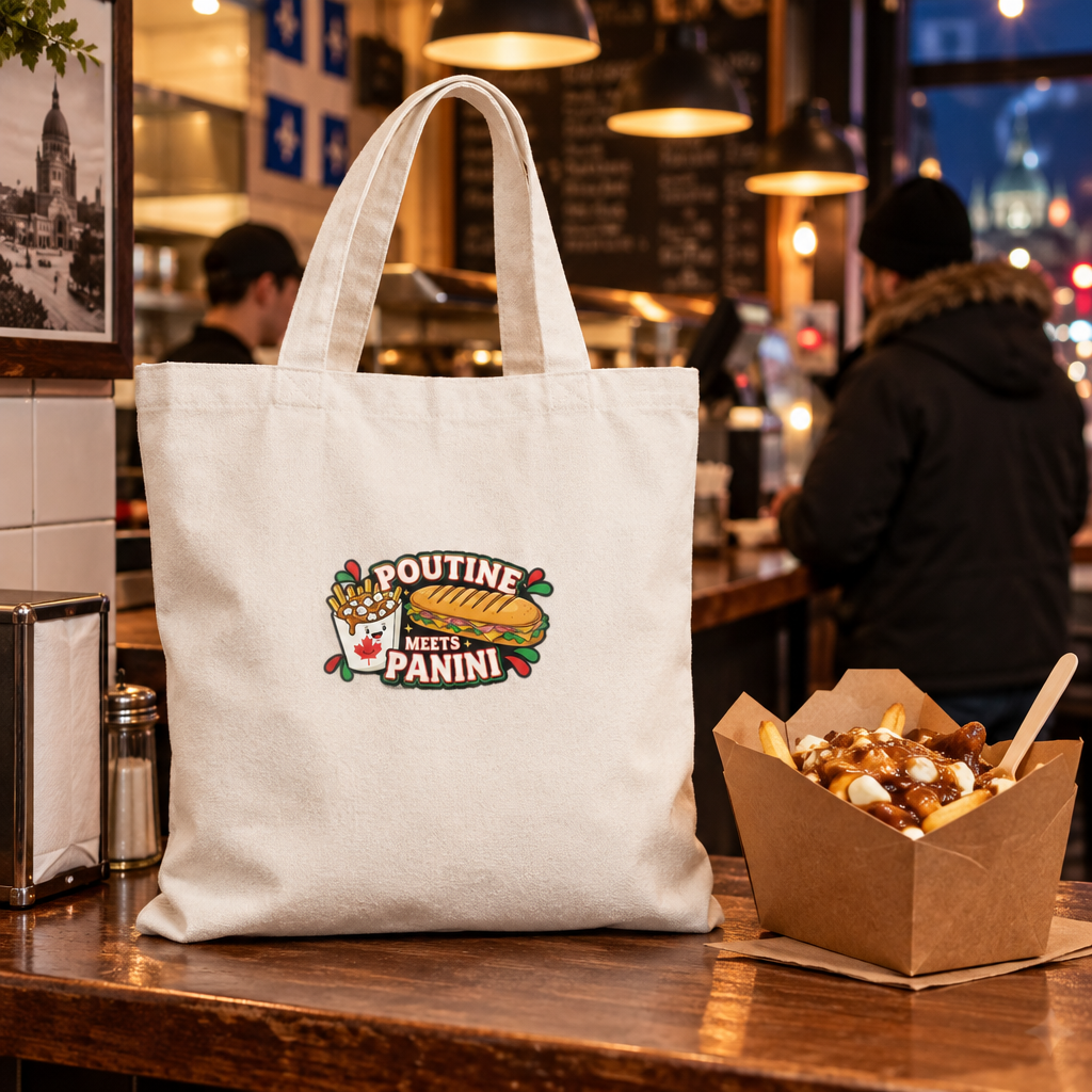 White tote at a late-night Montréal poutine shop