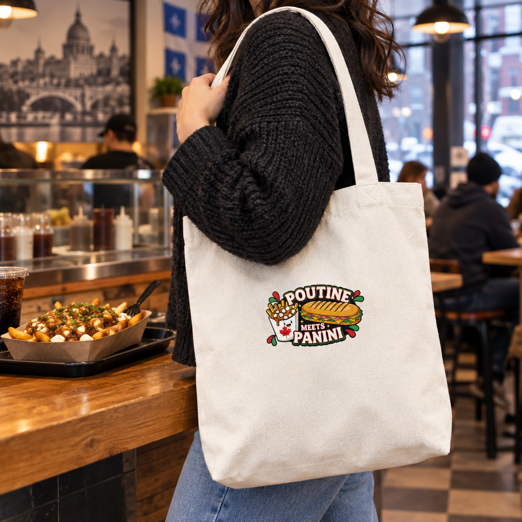 White tote at a poutine shop in Montréal