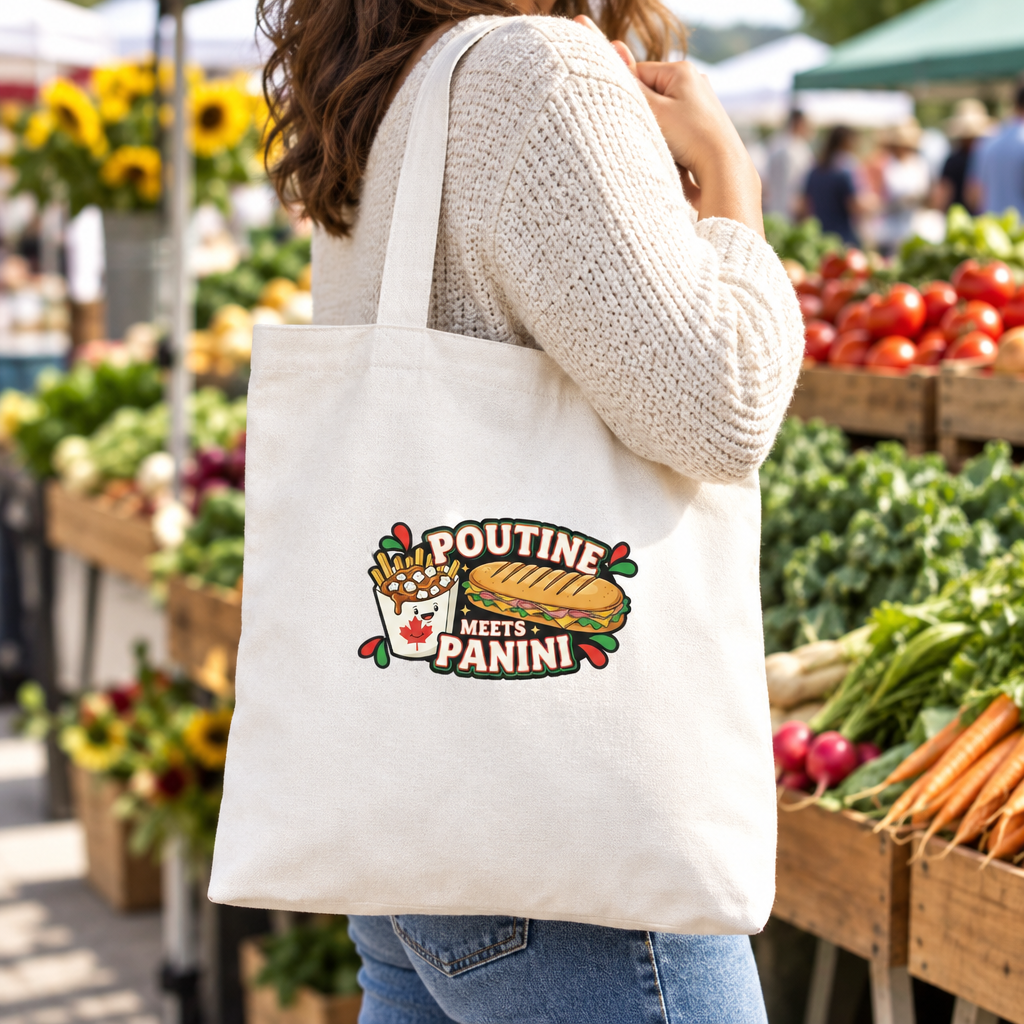 White tote at an outdoor farmers market