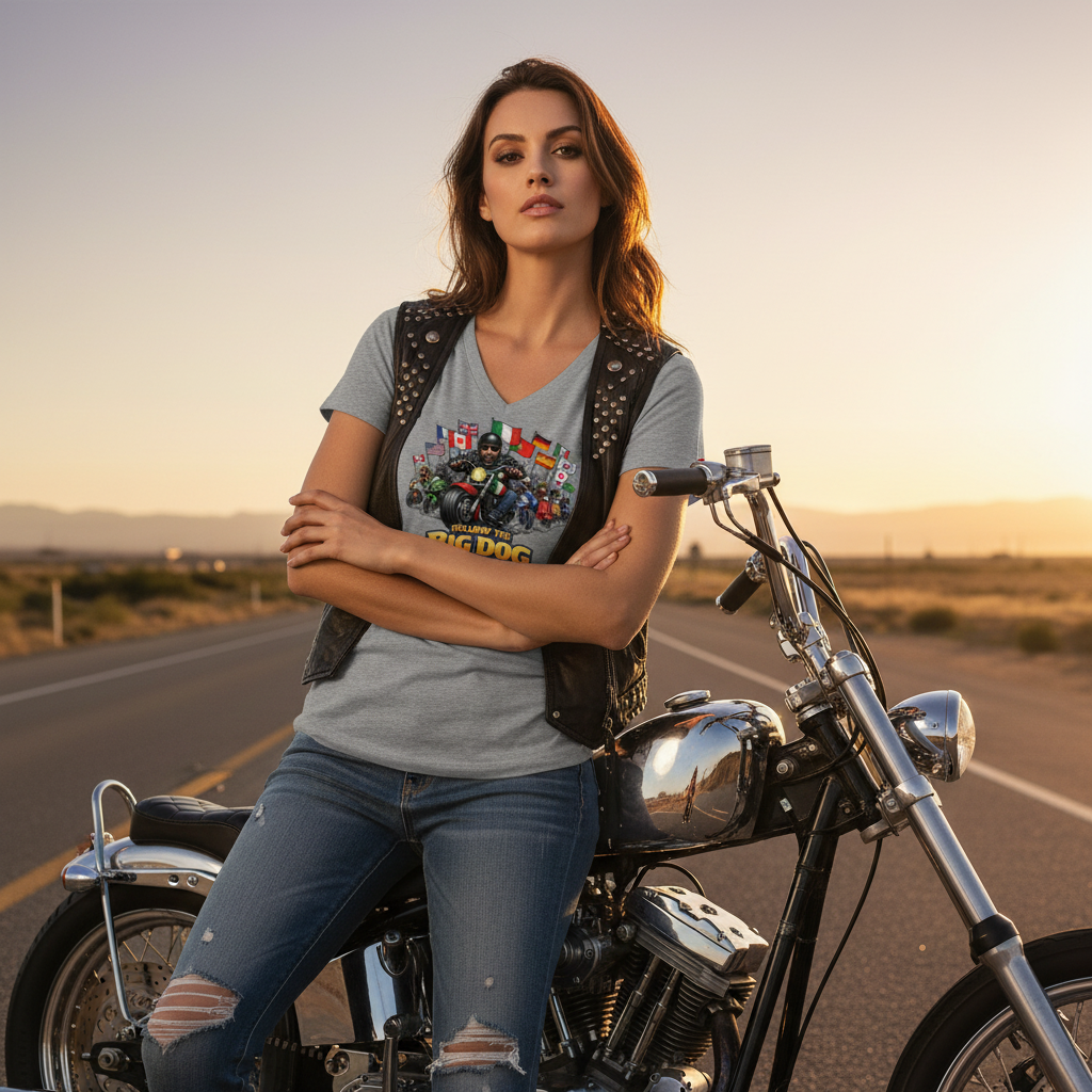 Woman in Grey V-Neck Follow the Big Dog T-Shirt with Chopper