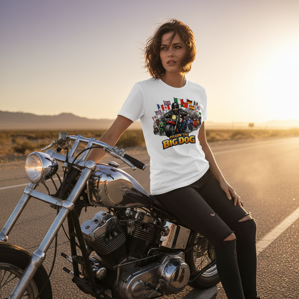 Woman in White Follow the Big Dog T-Shirt