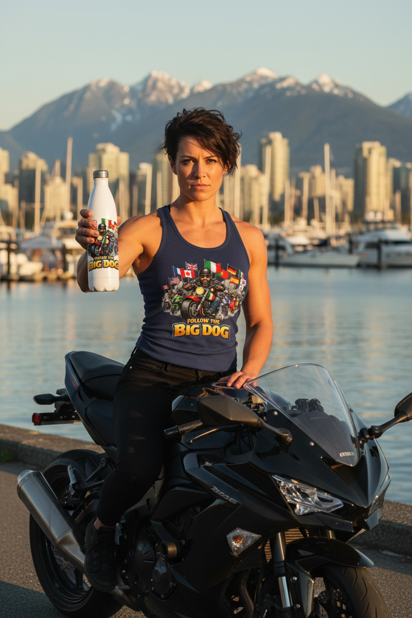 Woman Kawasaki Vancouver Seawall Navy Tank Logo + Bottle
