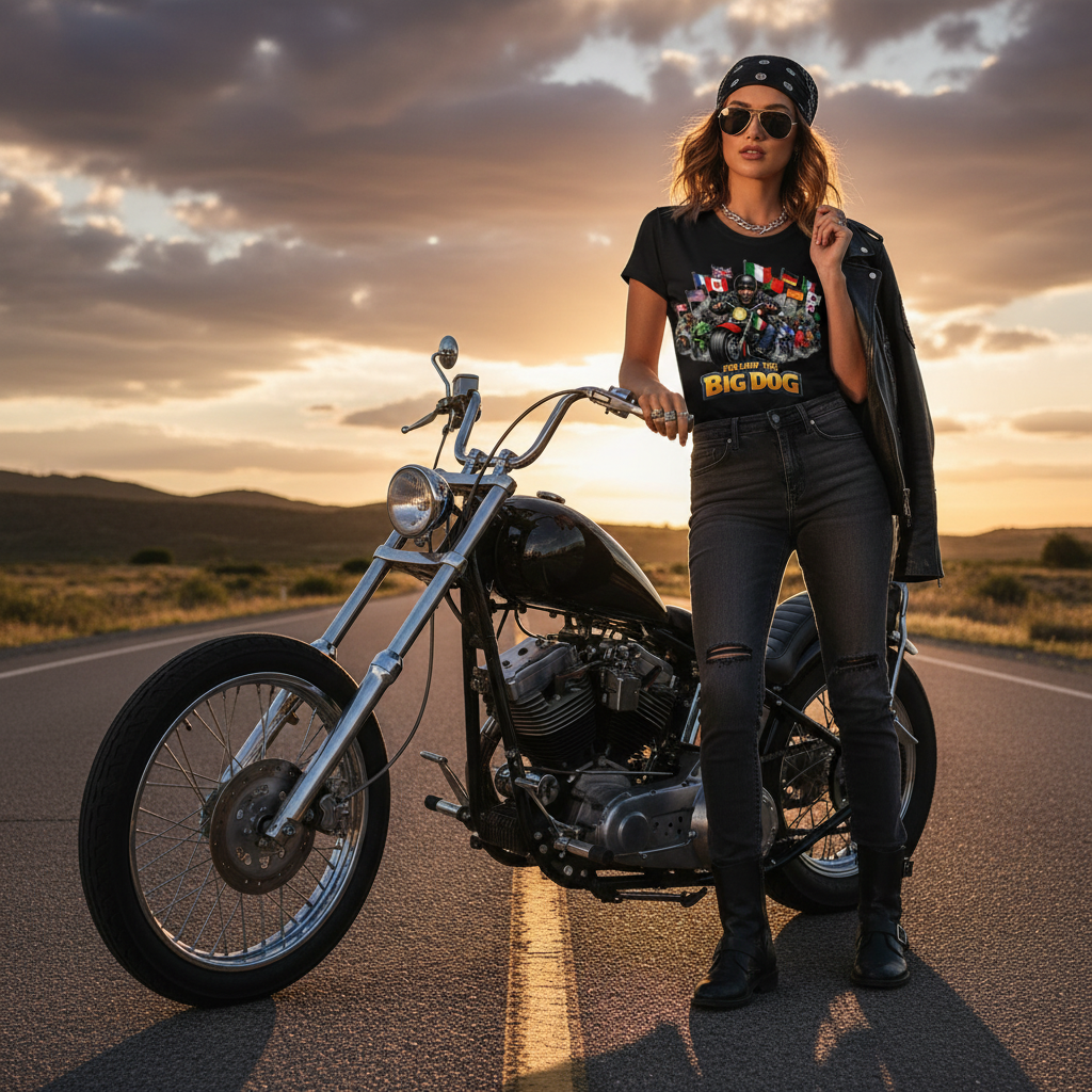 Woman with Chopper wearing Follow the Big Dog T-Shirt