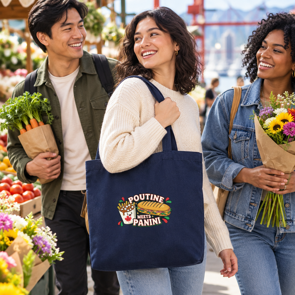 Young adults shopping at Granville Island with the tote