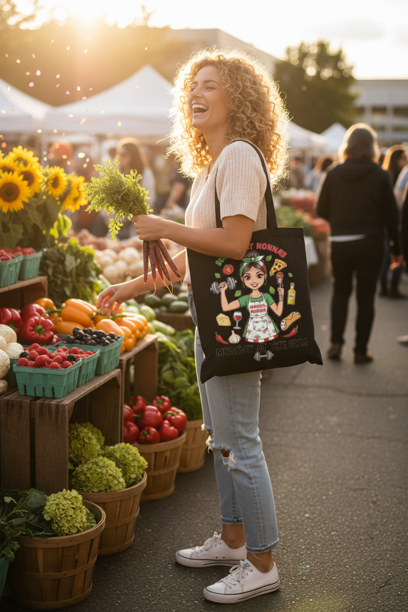 Young Woman Black Tote Farmers Market
