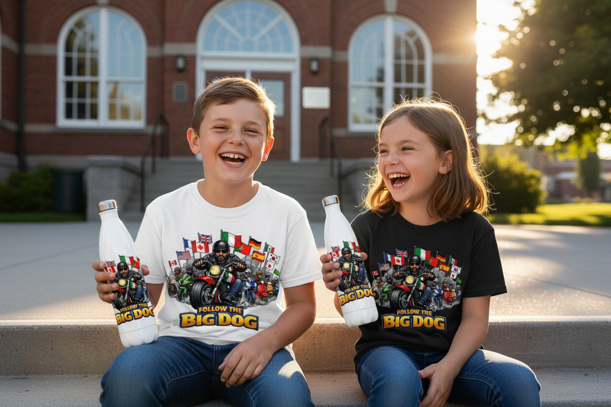 Youth Kids School Steps Holding Big Dog Bottles